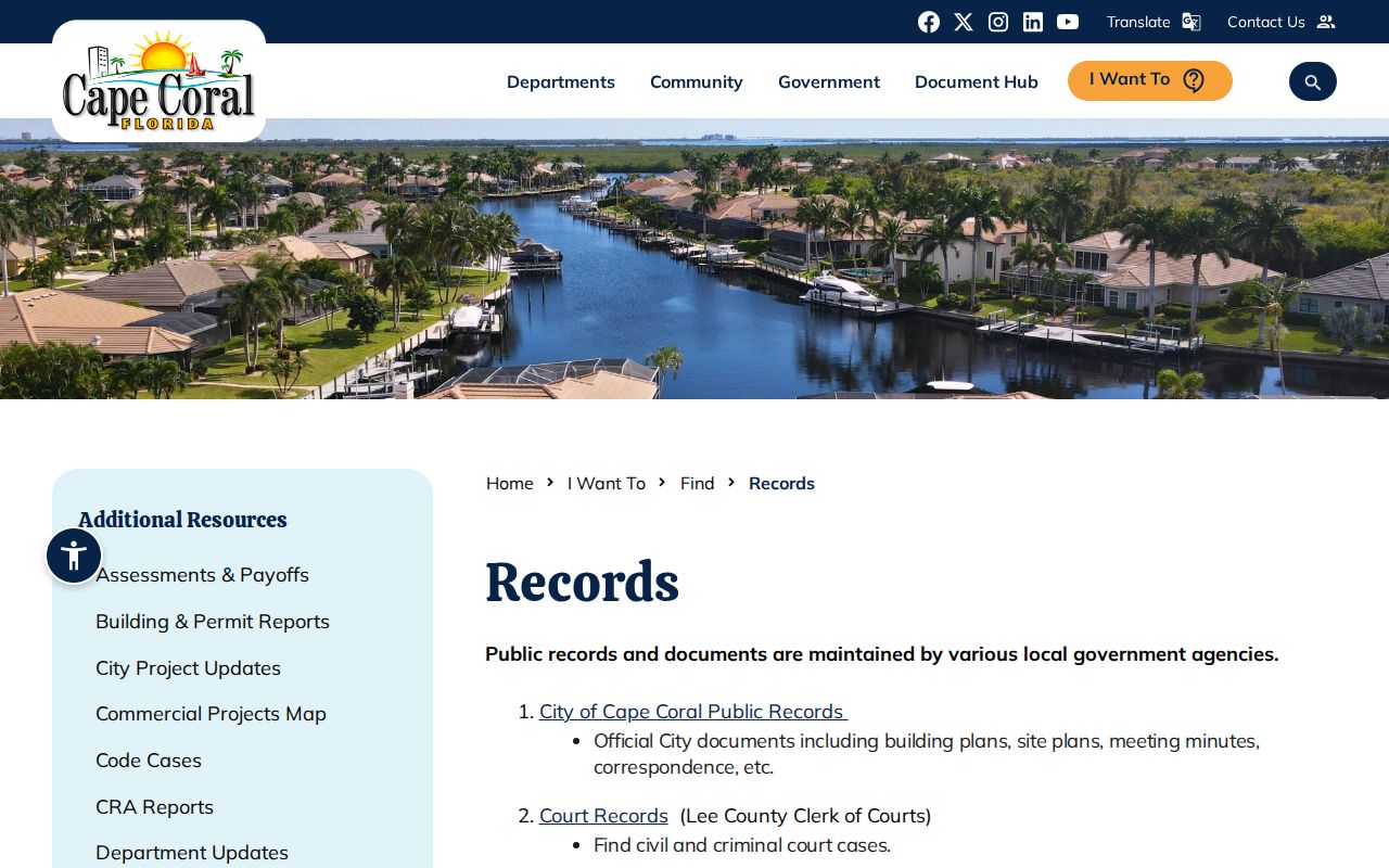 Cape Coral criminal history records routing page