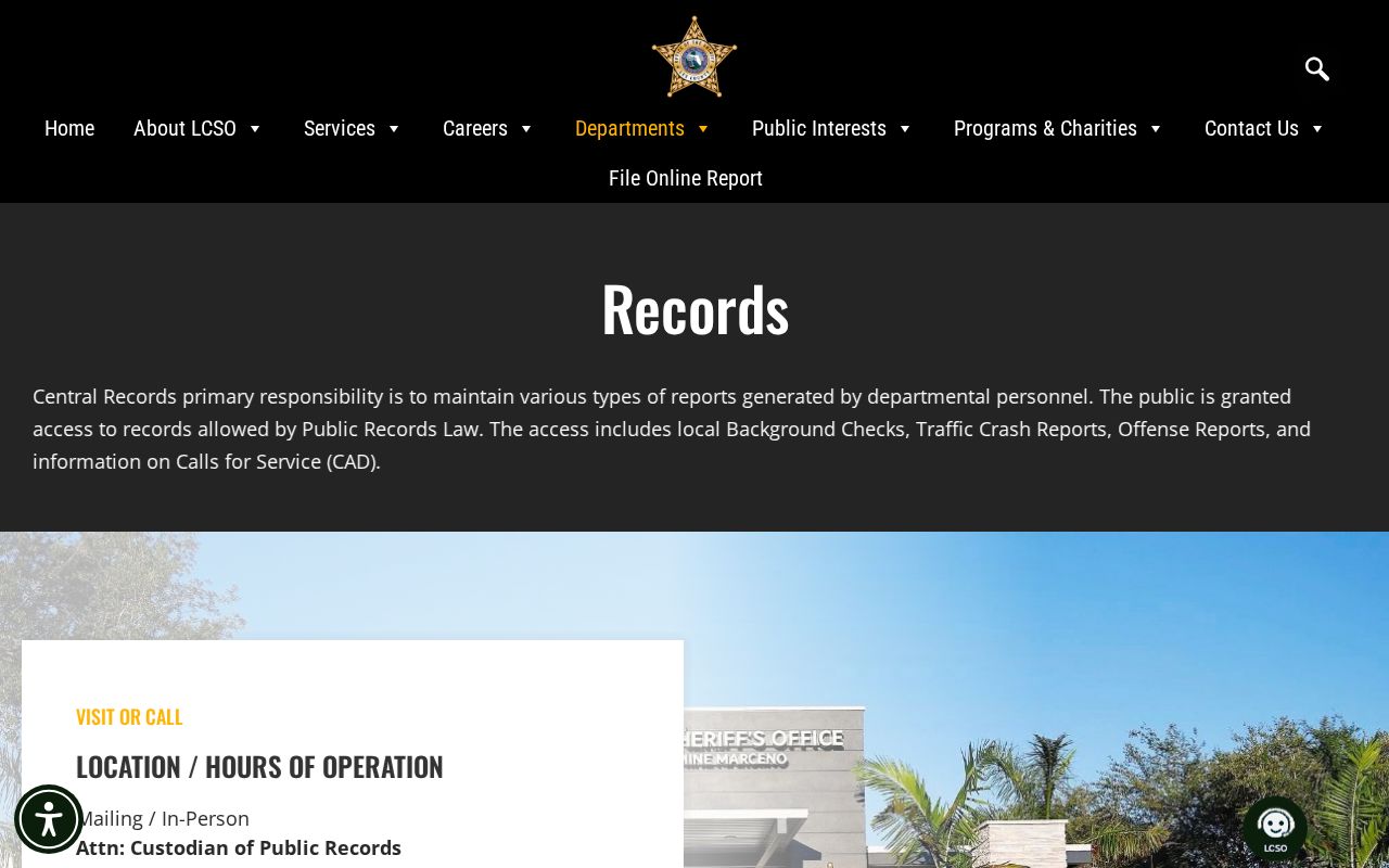 Lee County Sheriff Central Records page