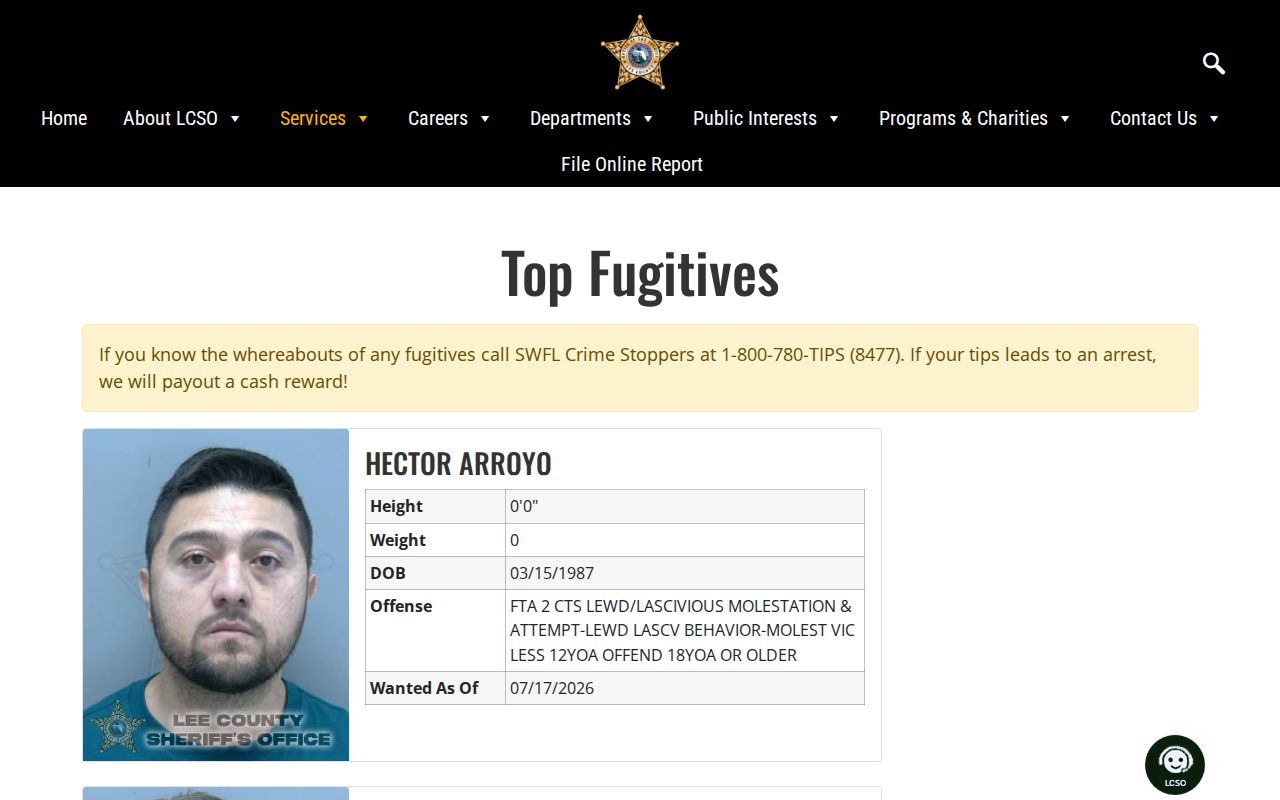 Lee County law enforcement reporting page for registry concerns