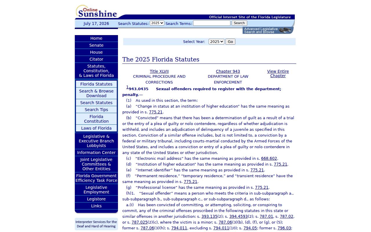 Florida law for Lee County sex offender registration